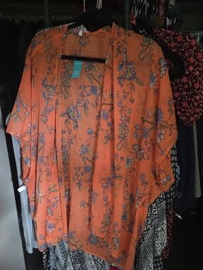 Maurices Orange Floral Draped Kimono Cardigan